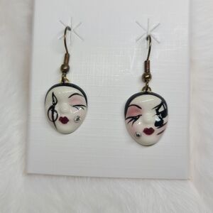 Vintage Fancy Faces Hand Painted Porcelain Music Note Mask Dangle Earrings